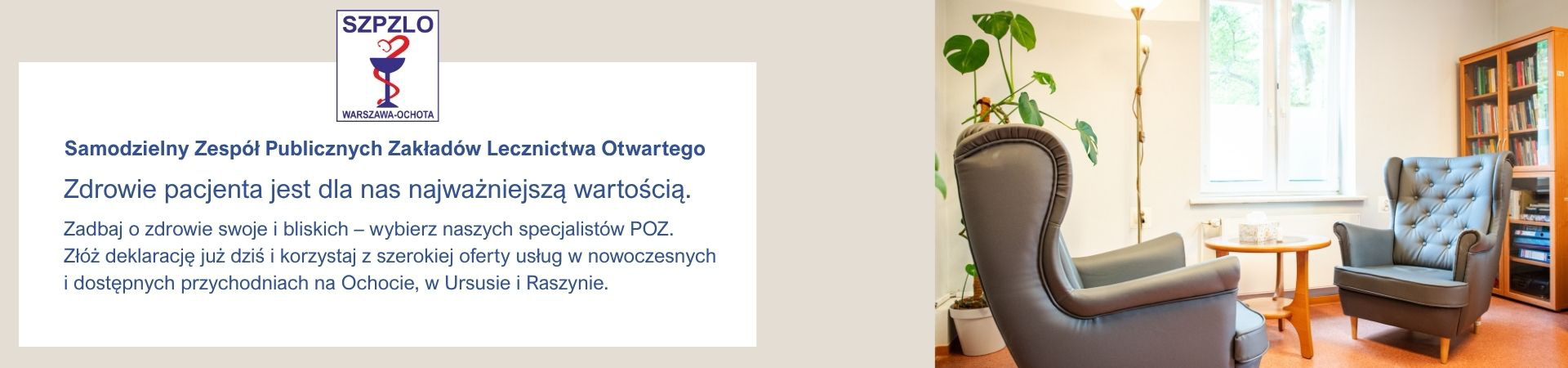 Slajd promujący przychodnię Rejonowo-Specjalistyczną_Kadłubka18 – informacja o dostępności specjalistów POZ oraz zachęta do składania deklaracji wyboru placówki Rejonowo-Specjalistycznej_Kadłubka18. Logo NFZ.